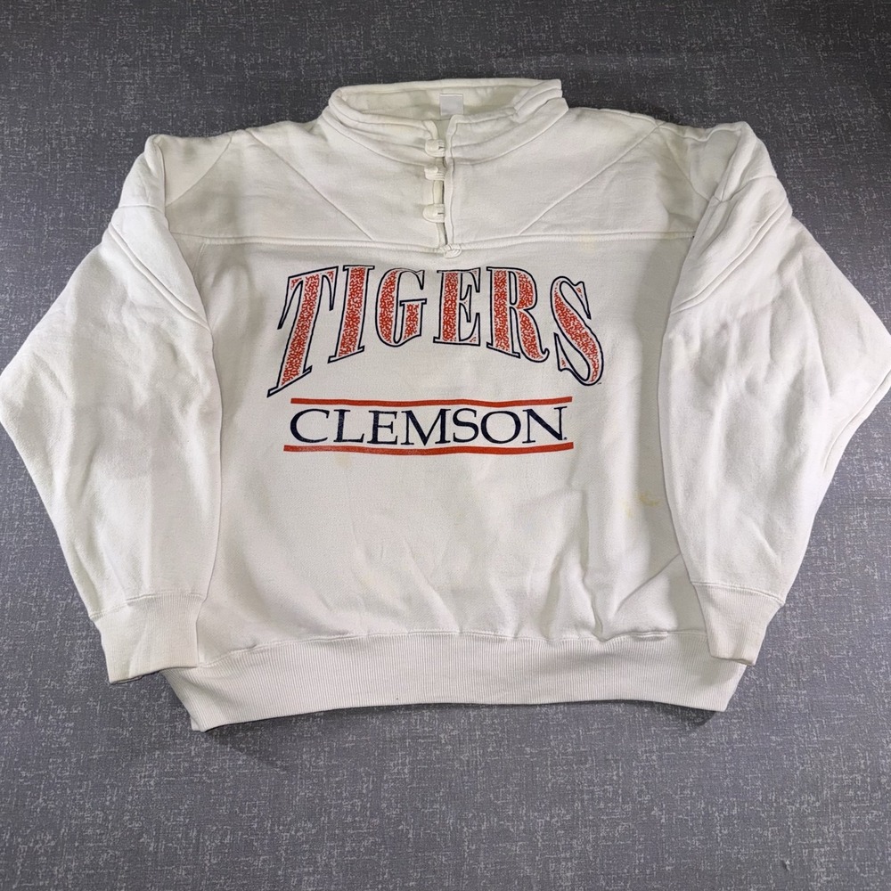 Clemson Tigers Sweatshirt Mens Large White NCAA Football Wolf Mock Neck Pullover